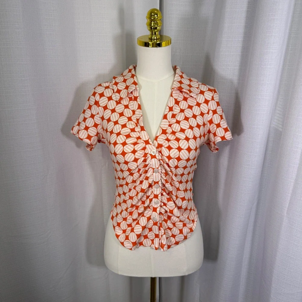 NWOT Maeve Anthropologie Ruched Blouse Button Top Small Retro Polka Dot Y2K - Picture 5 of 16